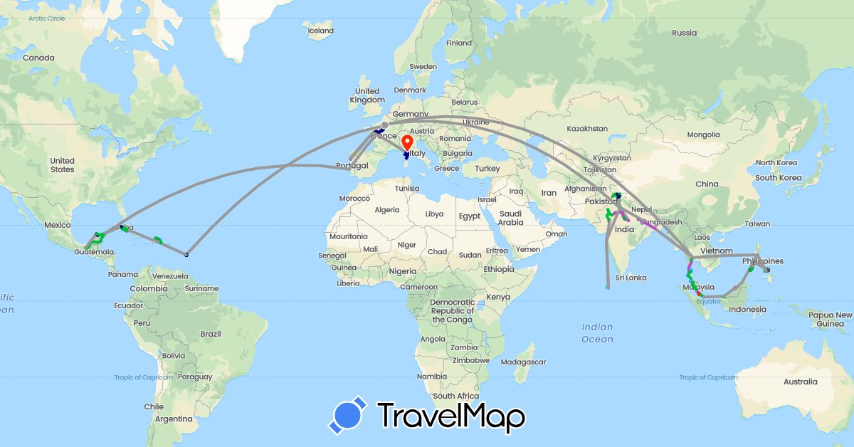 TravelMap itinerary: driving, bus, plane, cycling, train, hiking, boat, motorbike, tuktuk, metro, a pied, scooter in Cuba, Dominican Republic, France, India, Martinique, Maldives, Mexico, Malaysia, Philippines, Portugal, Singapore, Thailand (Asia, Europe, North America)