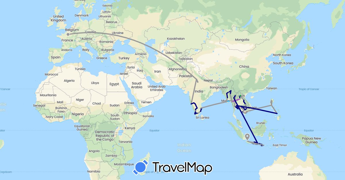 TravelMap itinerary: driving, bus, plane, train, boat in France, Indonesia, India, Cambodia, Laos, Myanmar (Burma), Philippines, Thailand, Vietnam (Asia, Europe)